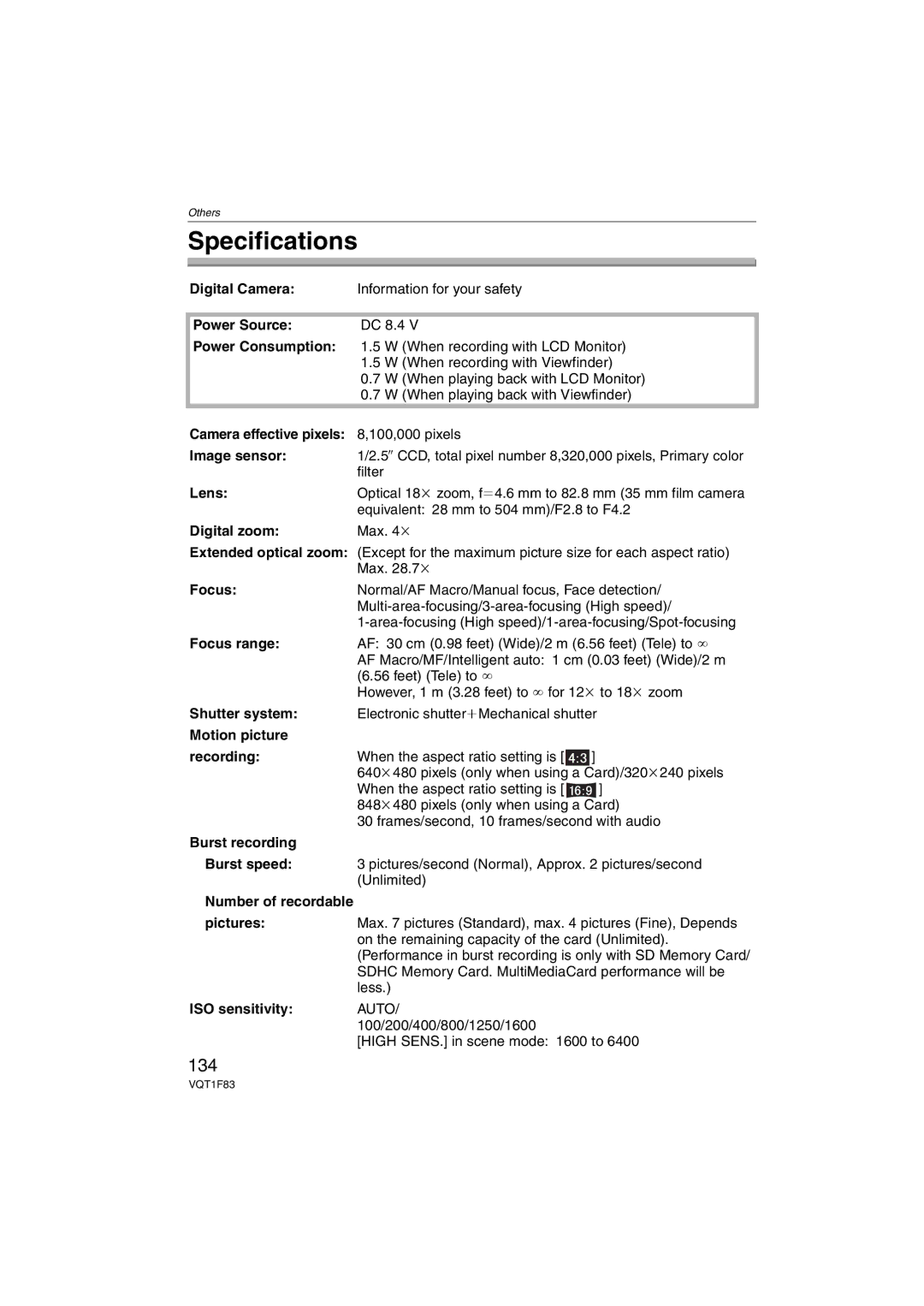 Panasonic DMCFZ18K operating instructions Specifications, 134 