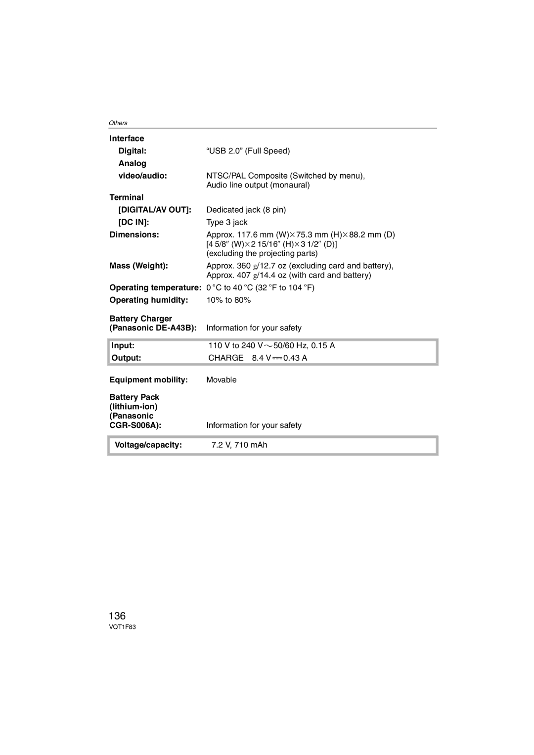 Panasonic DMCFZ18K operating instructions 136, Digital/Av Out, Charge 8.4 