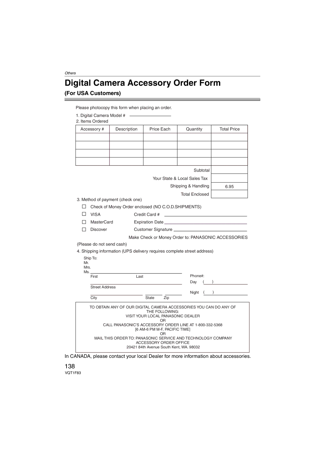 Panasonic DMCFZ18K operating instructions Digital Camera Accessory Order Form, 138, For USA Customers 