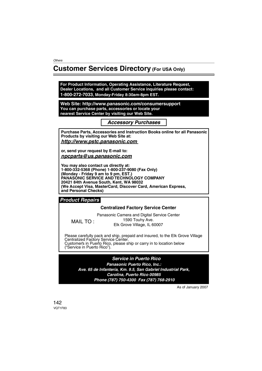 Panasonic DMCFZ18K operating instructions Customer Services Directory For USA Only, 142, Centralized Factory Service Center 