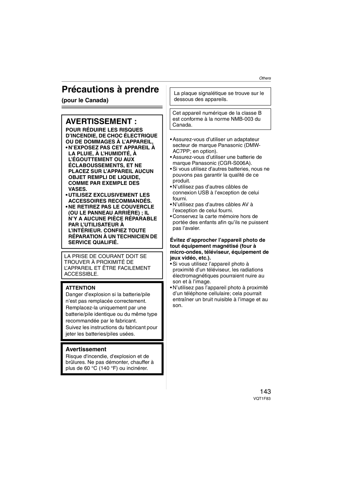 Panasonic DMCFZ18K operating instructions Précautions à prendre, 143, Pour le Canada, Avertissement 