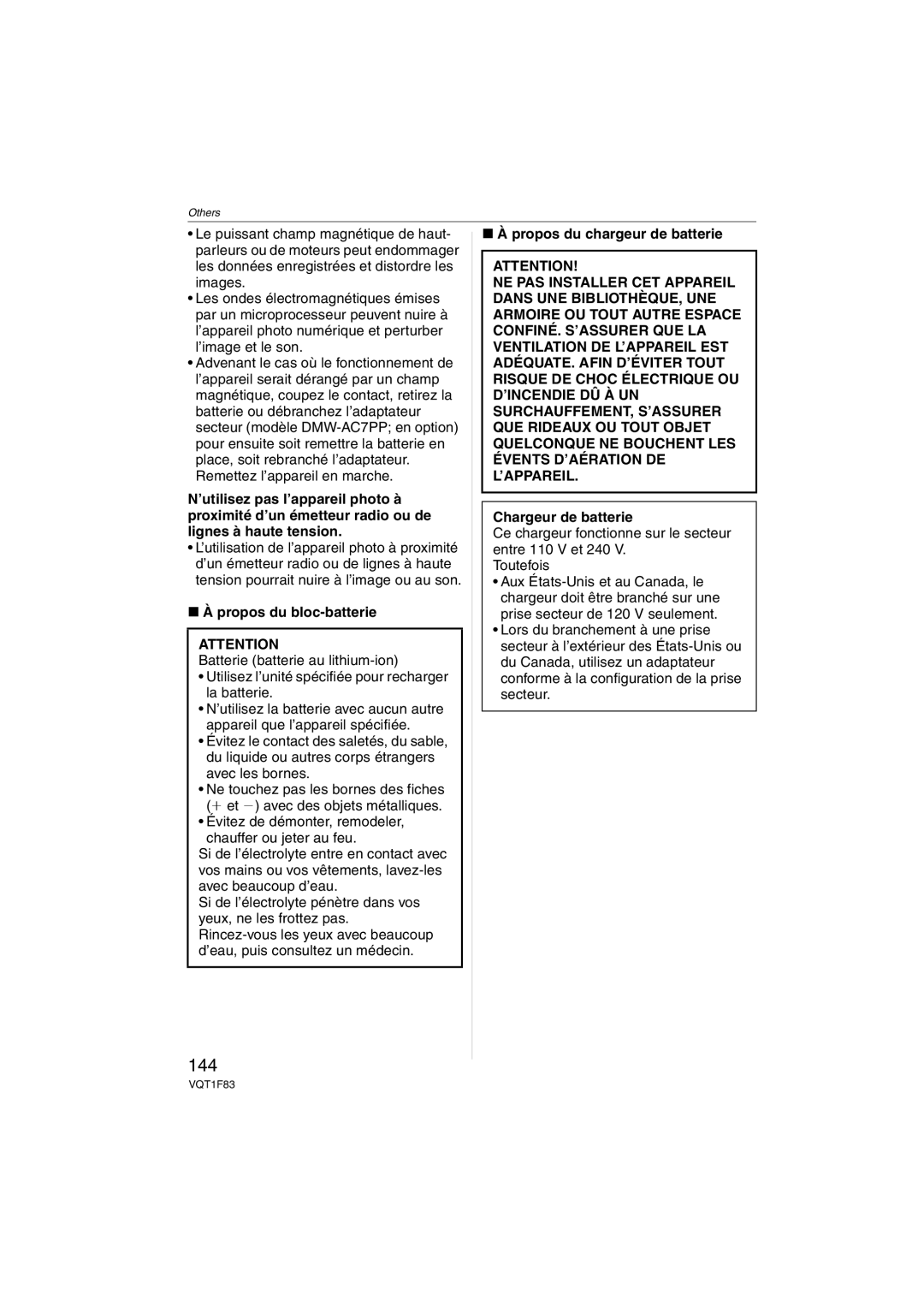 Panasonic DMCFZ18K 144, Propos du bloc-batterie, Propos du chargeur de batterie, Chargeur de batterie 