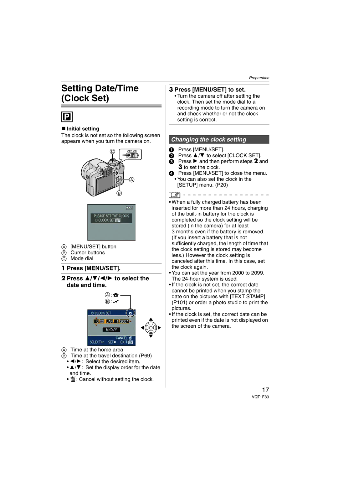 Panasonic DMCFZ18 Setting Date/Time Clock Set, Press MENU/SET Press 3/4/2/1 to select the date and time, Initial setting 