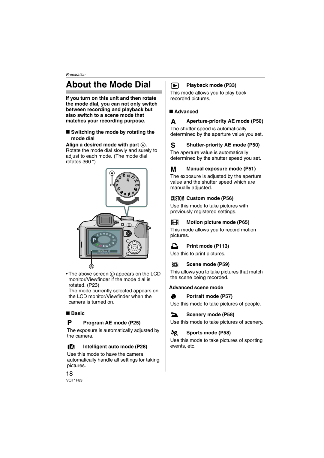 Panasonic DMCFZ18K operating instructions About the Mode Dial 