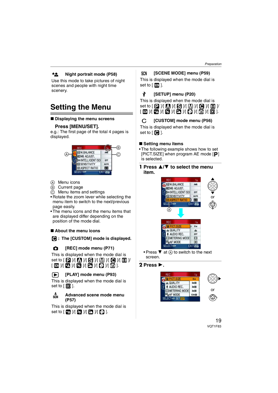 Panasonic DMCFZ18K operating instructions Setting the Menu, Press MENU/SET, Press 3/4 to select the menu item 