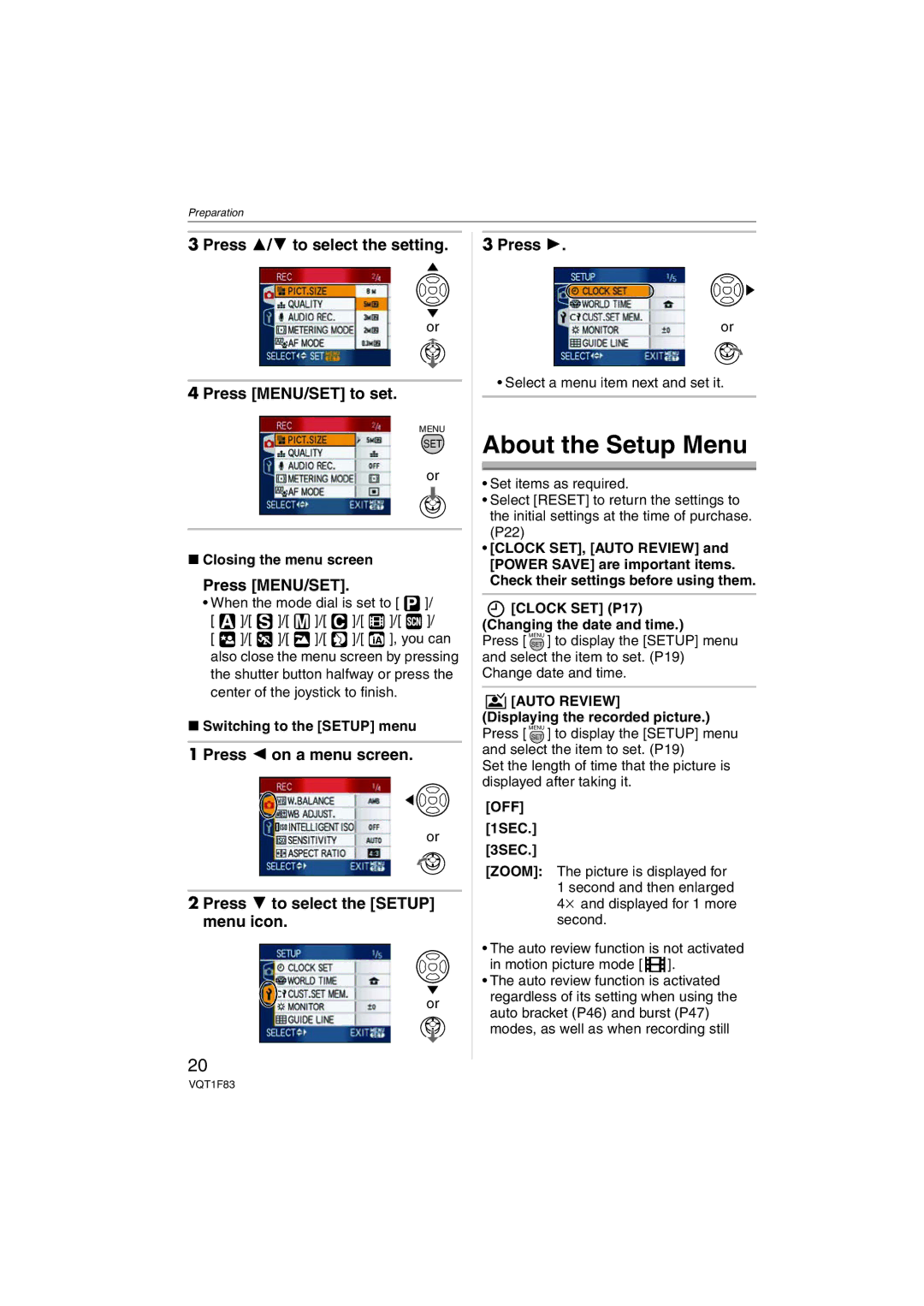 Panasonic DMCFZ18K About the Setup Menu, Press 3/4 to select the setting Press MENU/SET to set, Auto Review, Off 