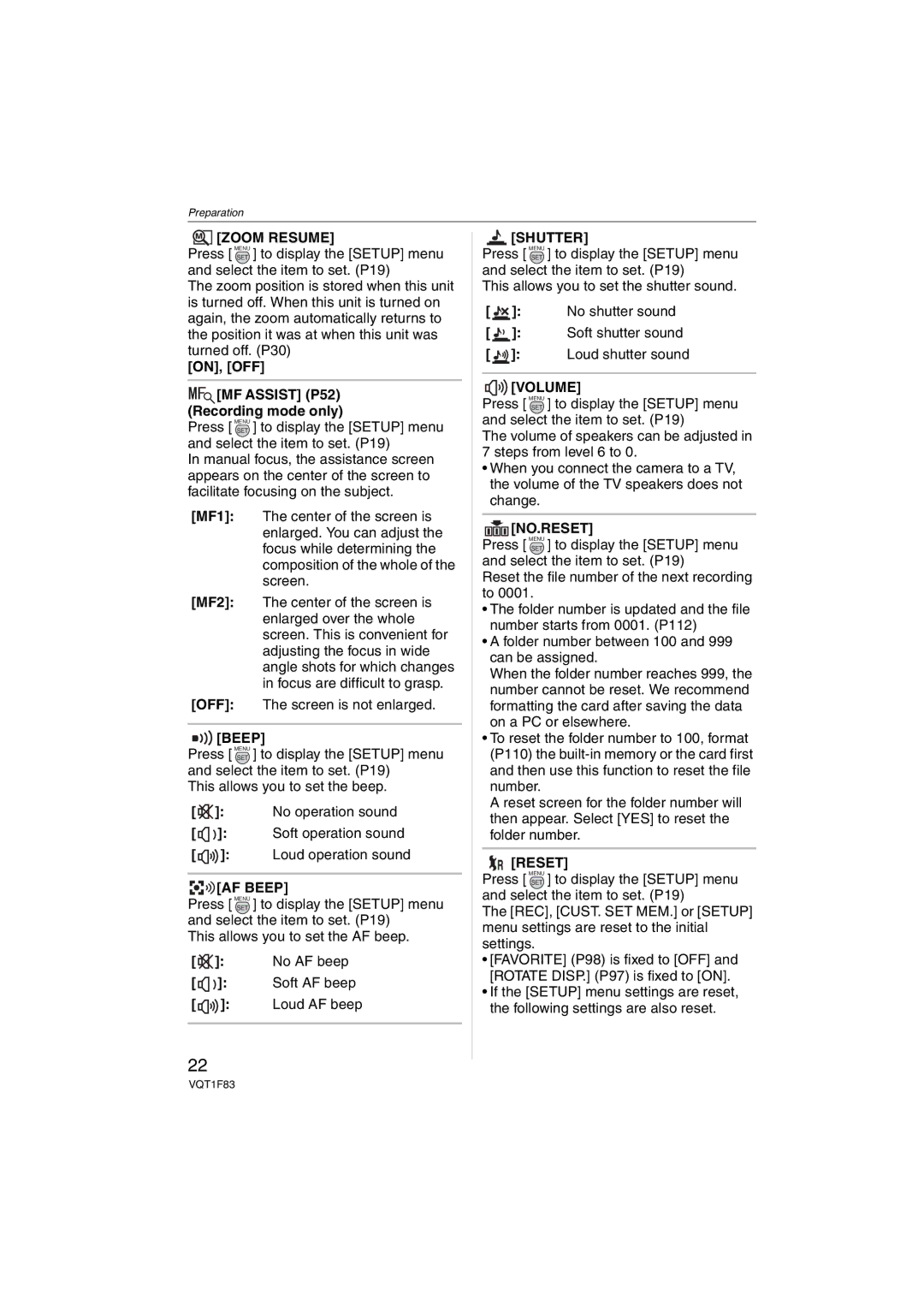 Panasonic DMCFZ18K operating instructions Zoom Resume, Shutter, Volume, Reset 