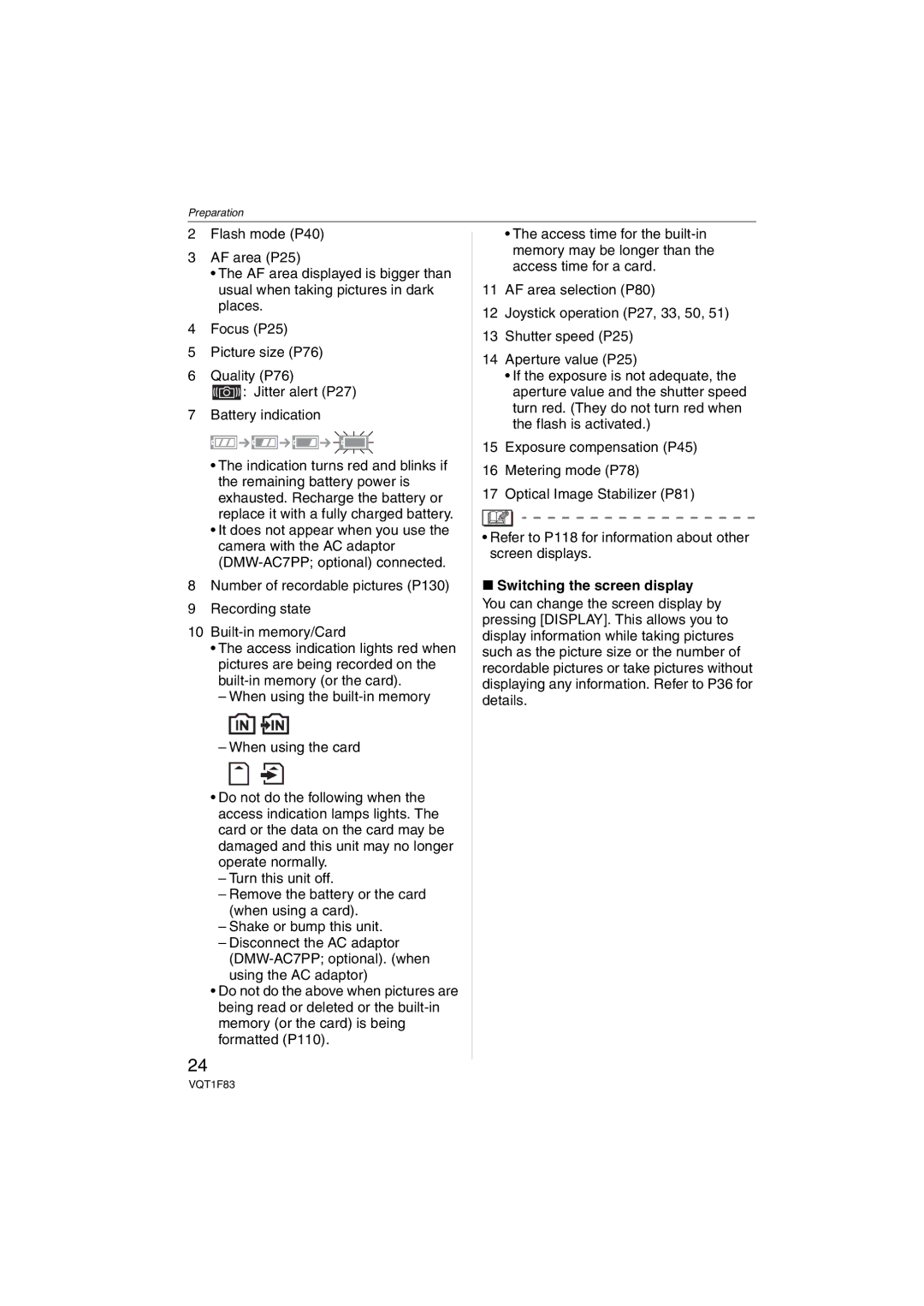 Panasonic DMCFZ18K operating instructions Preparation 