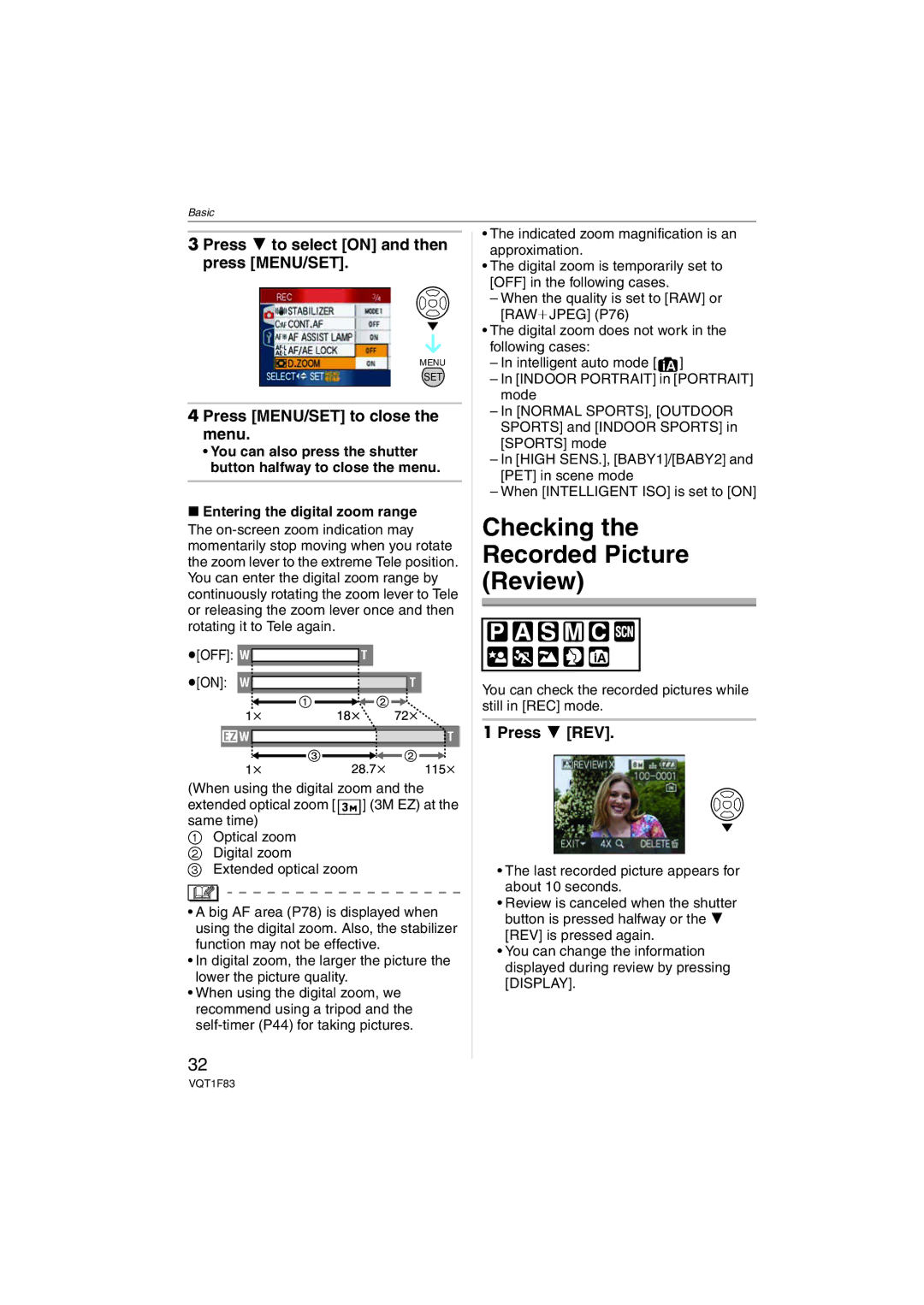 Panasonic DMCFZ18K Checking the Recorded Picture Review, Press 4 to select on and then press MENU/SET, Press 4 REV 