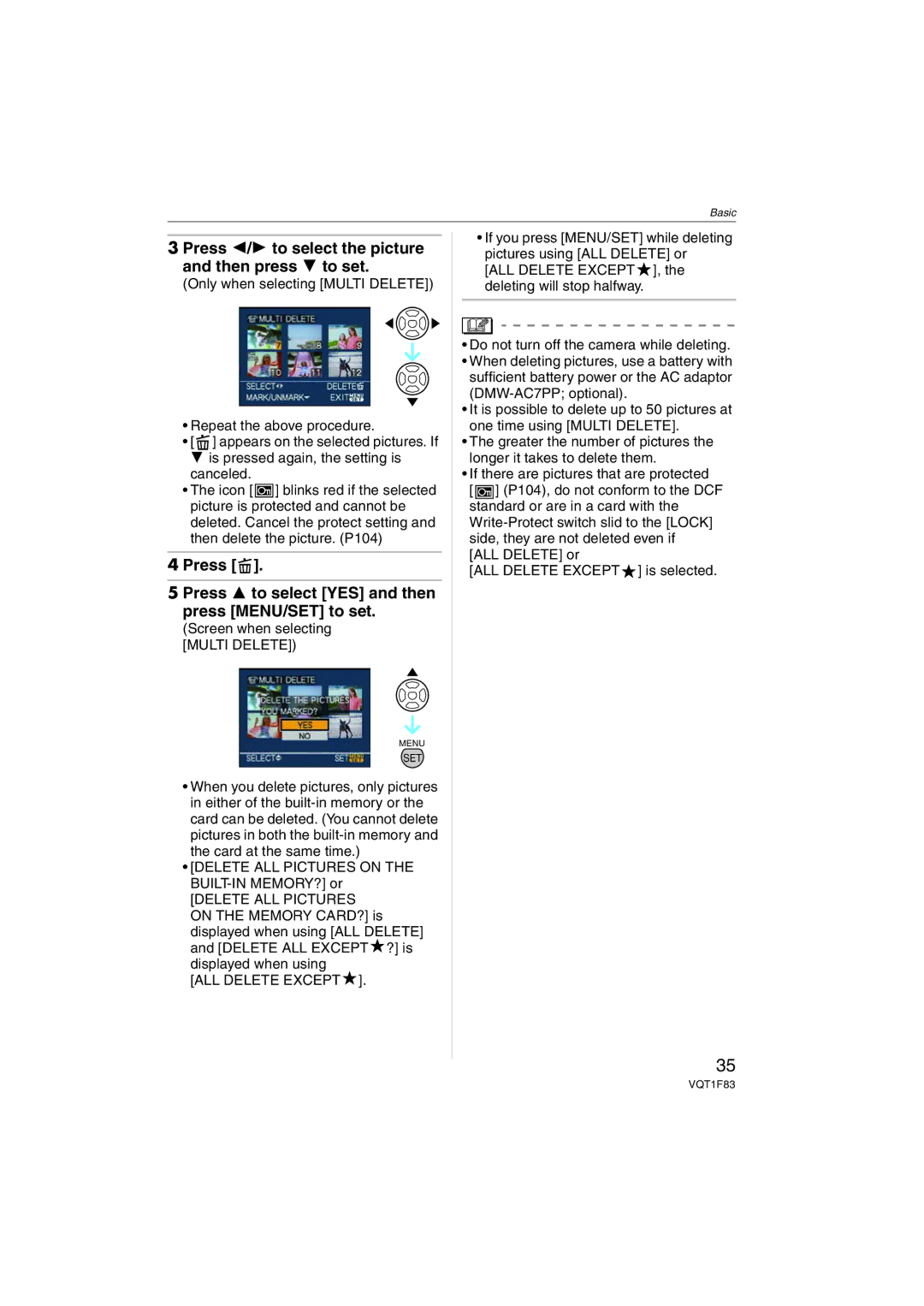 Panasonic DMCFZ18K operating instructions Press 2/1 to select the picture and then press 4 to set, ALL Delete Except 