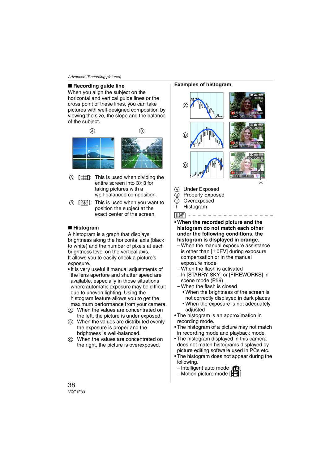 Panasonic DMCFZ18K operating instructions Recording guide line, Histogram, Examples of histogram 