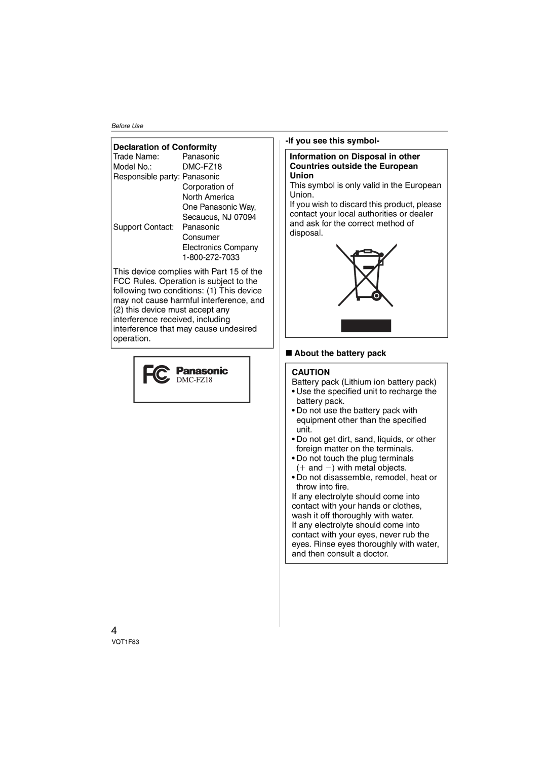 Panasonic DMCFZ18K operating instructions Declaration of Conformity, DMC-FZ18, About the battery pack 