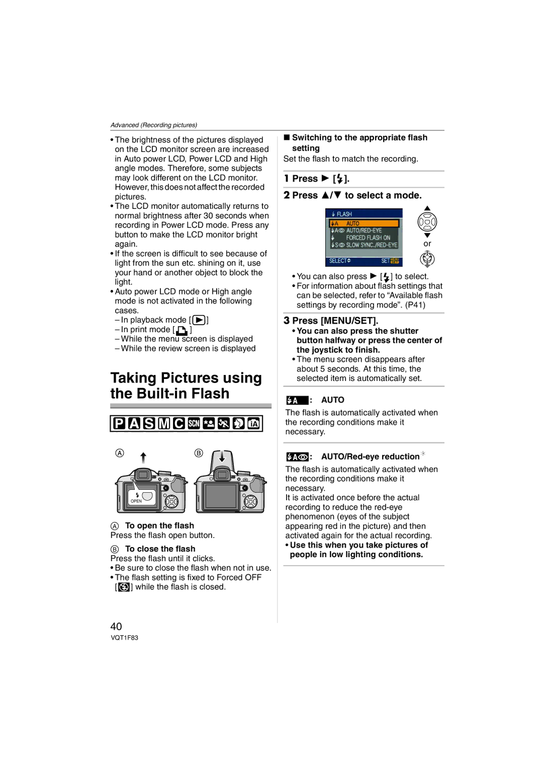 Panasonic DMCFZ18K Press Press 3/4 to select a mode, Switching to the appropriate flash Setting, Auto 