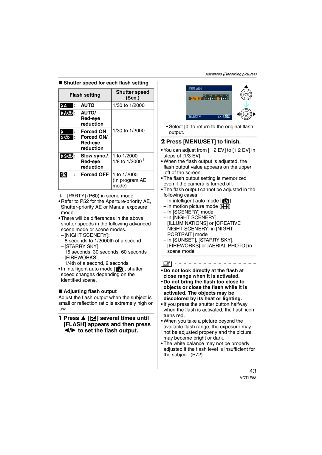 Panasonic DMCFZ18K Press MENU/SET to finish, Shutter speed for each flash setting Flash setting Sec, 30 to 1/2000 