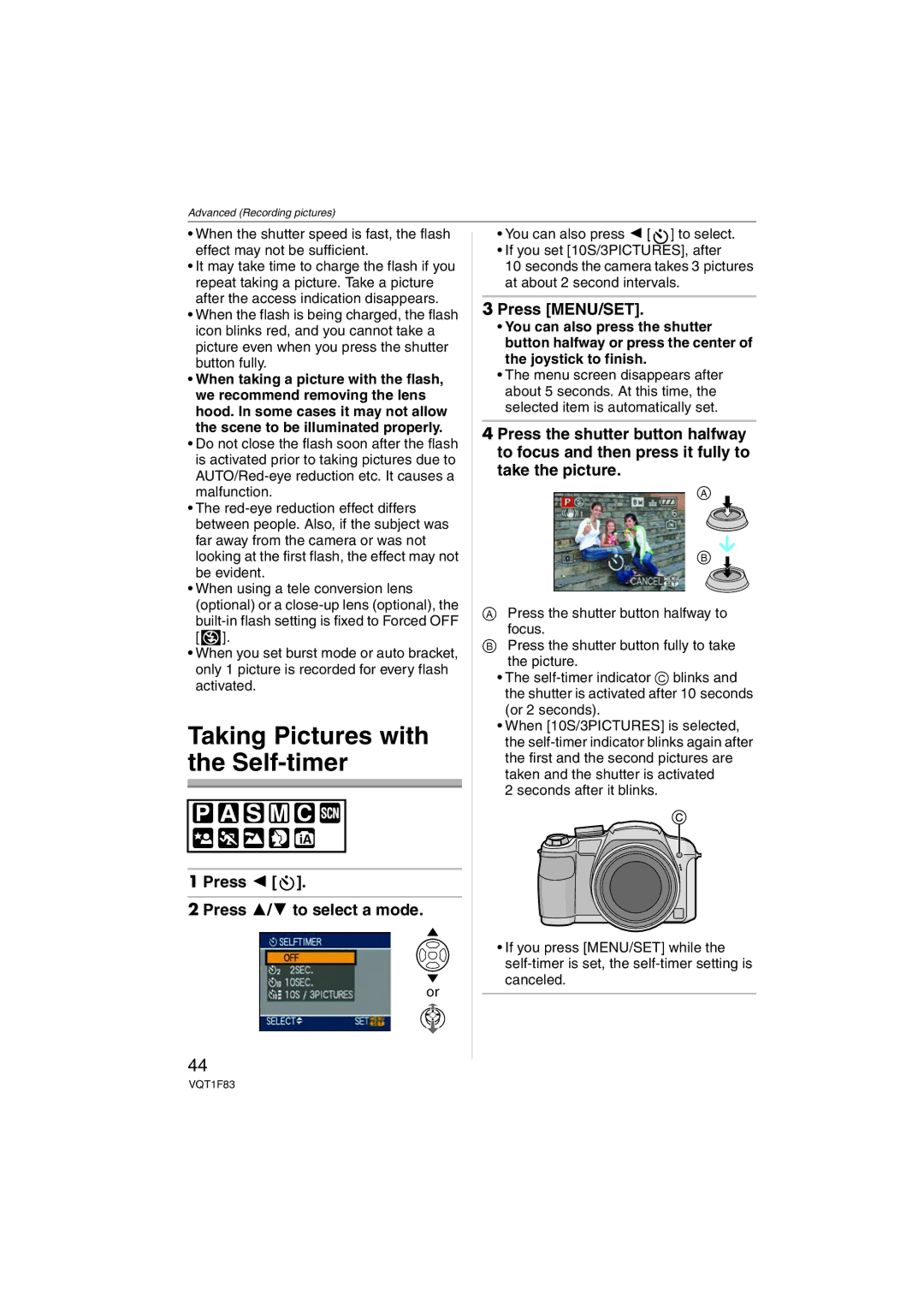 Panasonic DMCFZ18K operating instructions Taking Pictures with the Self-timer, Press Press 3/4 to select a mode 