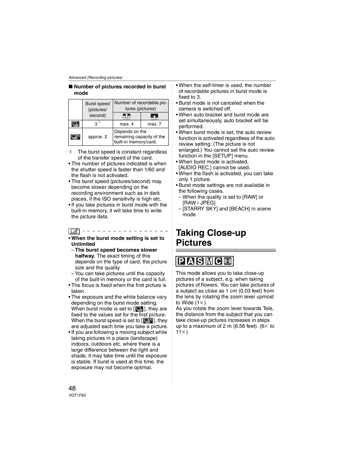 Panasonic DMCFZ18K operating instructions Taking Close-up Pictures, Number of pictures recorded in burst Mode 