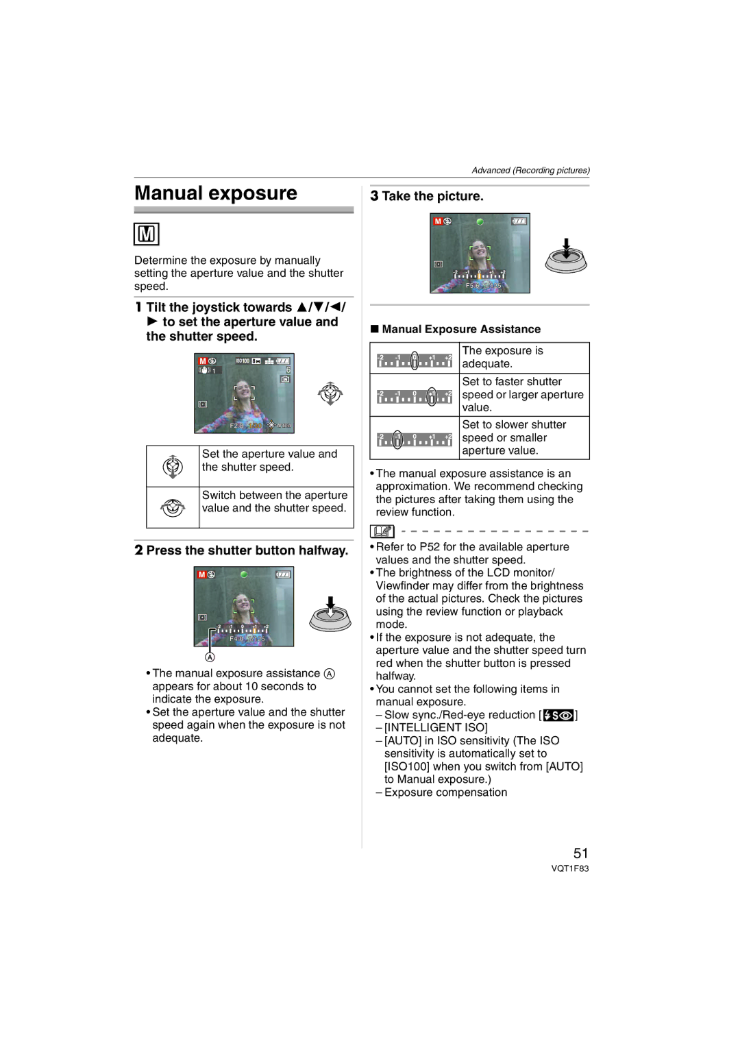 Panasonic DMCFZ18K Manual exposure, Take the picture, Tilt the joystick towards 3/4/2 To set the aperture value 