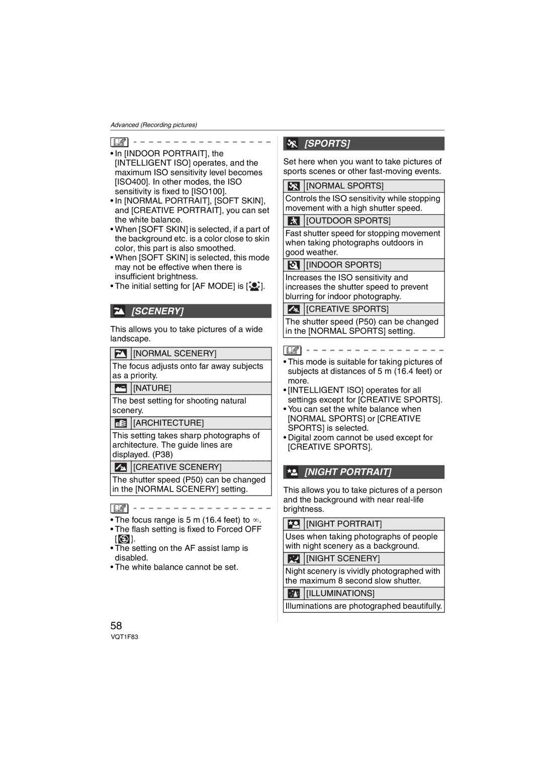 Panasonic DMCFZ18K operating instructions Scenery, Sports, Night Portrait 