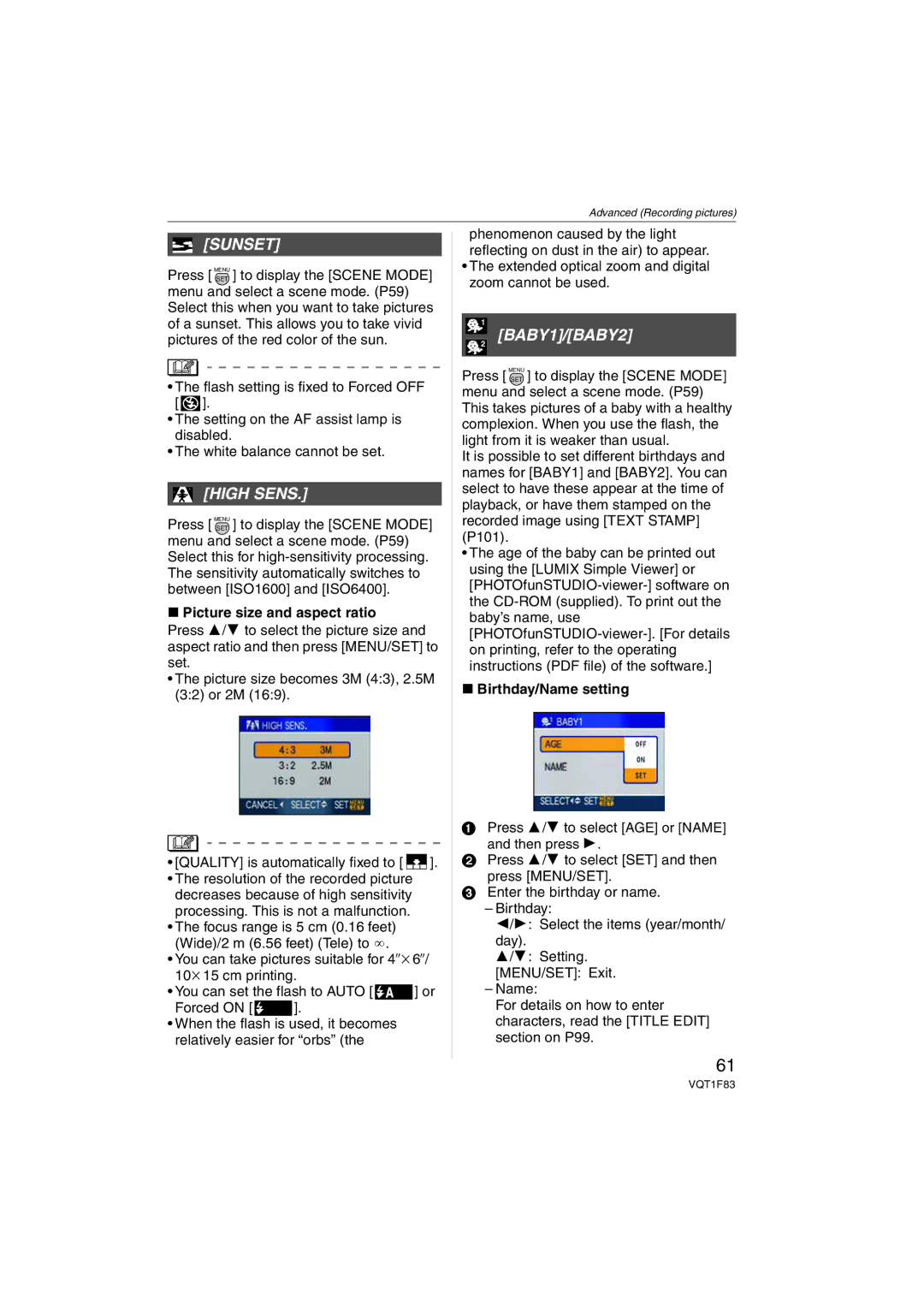 Panasonic DMCFZ18K Sunset, BABY1/BABY2, High Sens, Picture size and aspect ratio, Birthday/Name setting 