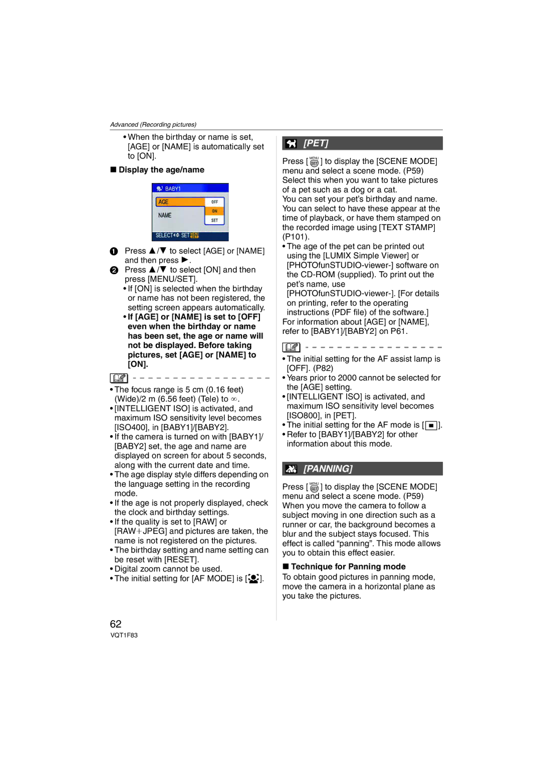 Panasonic DMCFZ18K operating instructions Pet, Display the age/name, Technique for Panning mode 