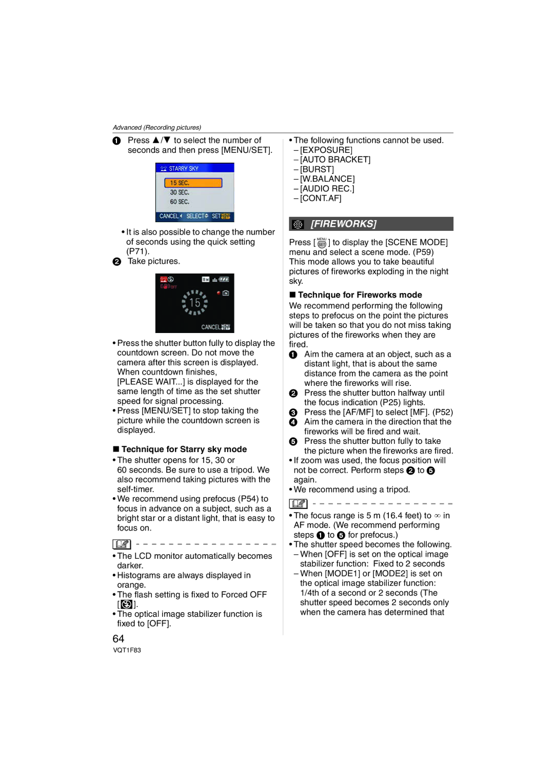 Panasonic DMCFZ18K Fireworks, Technique for Starry sky mode, Exposure Auto Bracket Burst Balance Audio REC CONT.AF 