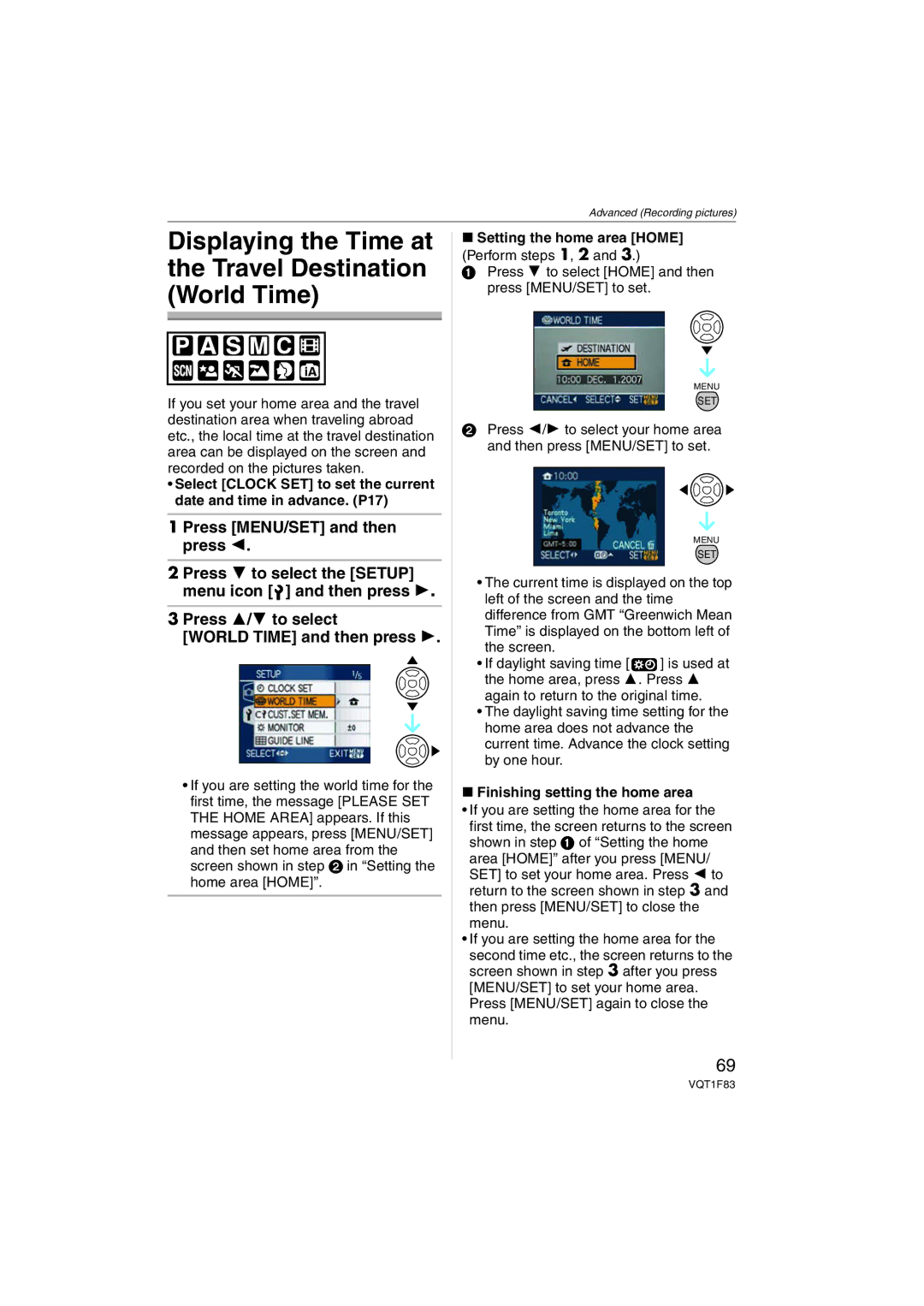 Panasonic DMCFZ18K Displaying the Time at Travel Destination World Time, Finishing setting the home area 