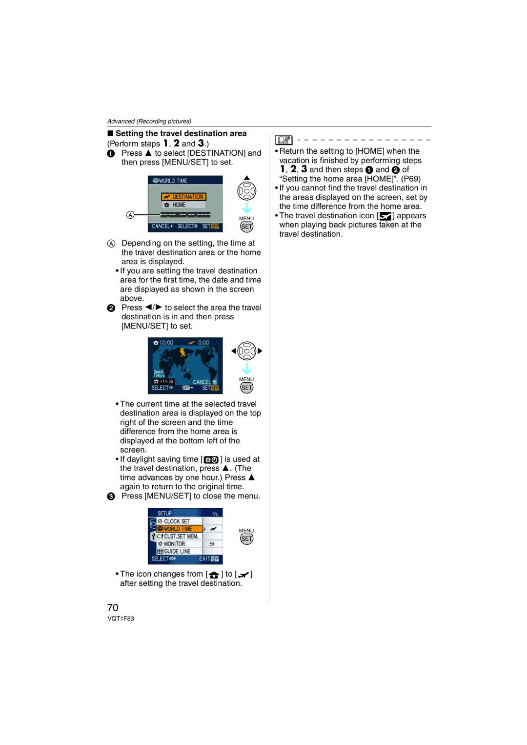 Panasonic DMCFZ18K operating instructions Setting the travel destination area Perform steps 1, 2 