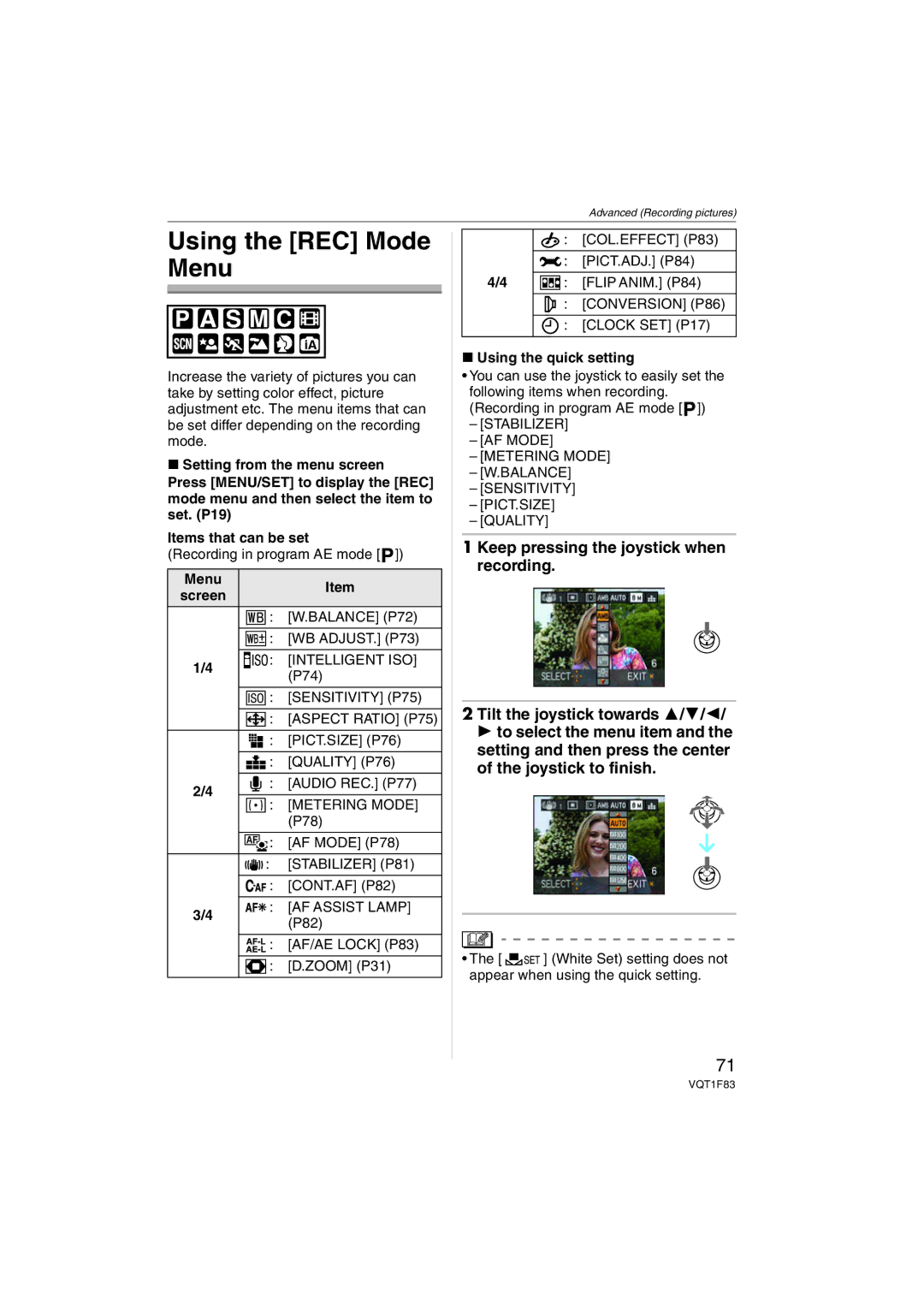 Panasonic DMCFZ18K operating instructions Using the REC Mode Menu, Flip ANIM. P84, Using the quick setting 