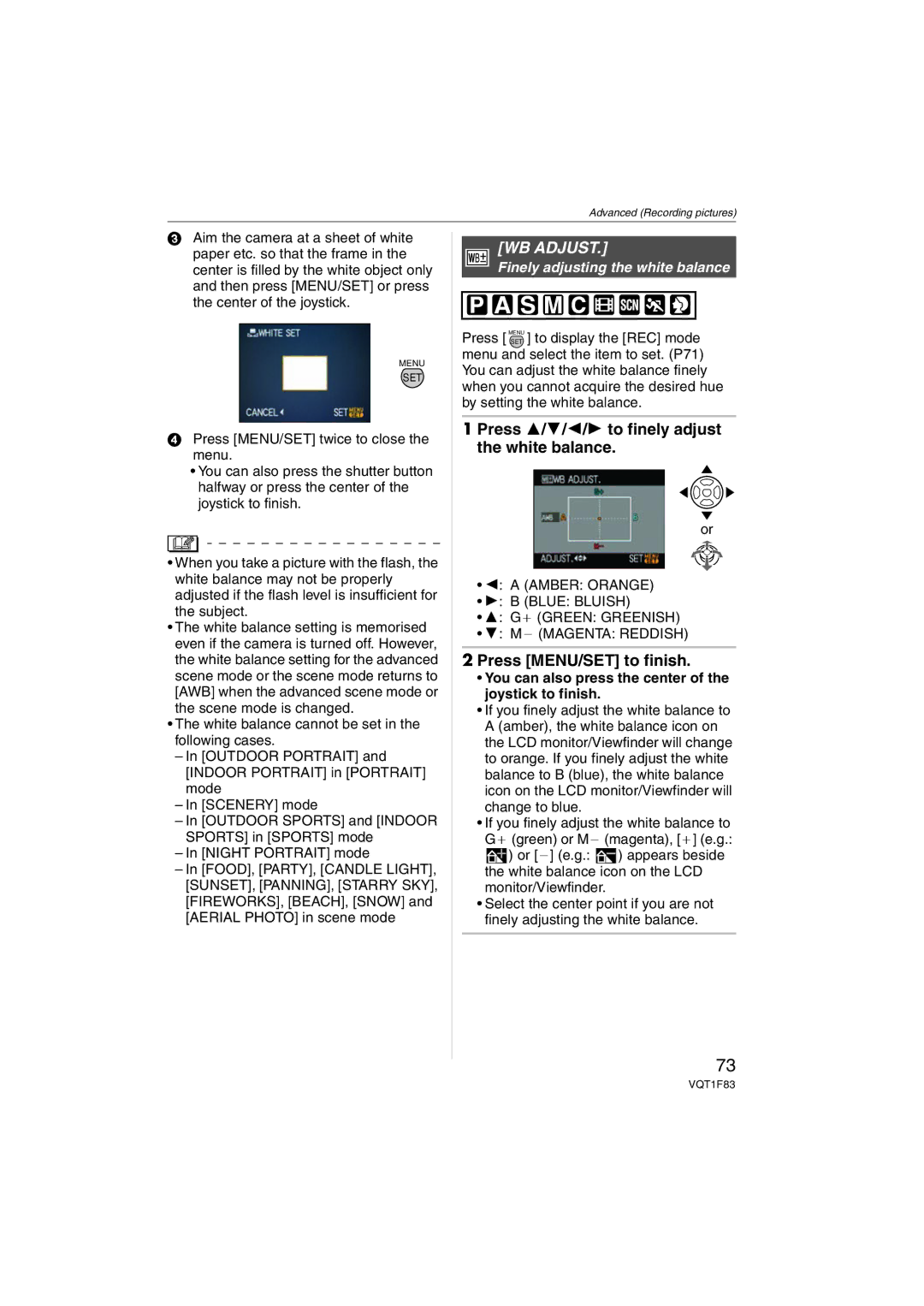 Panasonic DMCFZ18 WB Adjust, Press 3/4/2/1 to finely adjust the white balance, Finely adjusting the white balance 