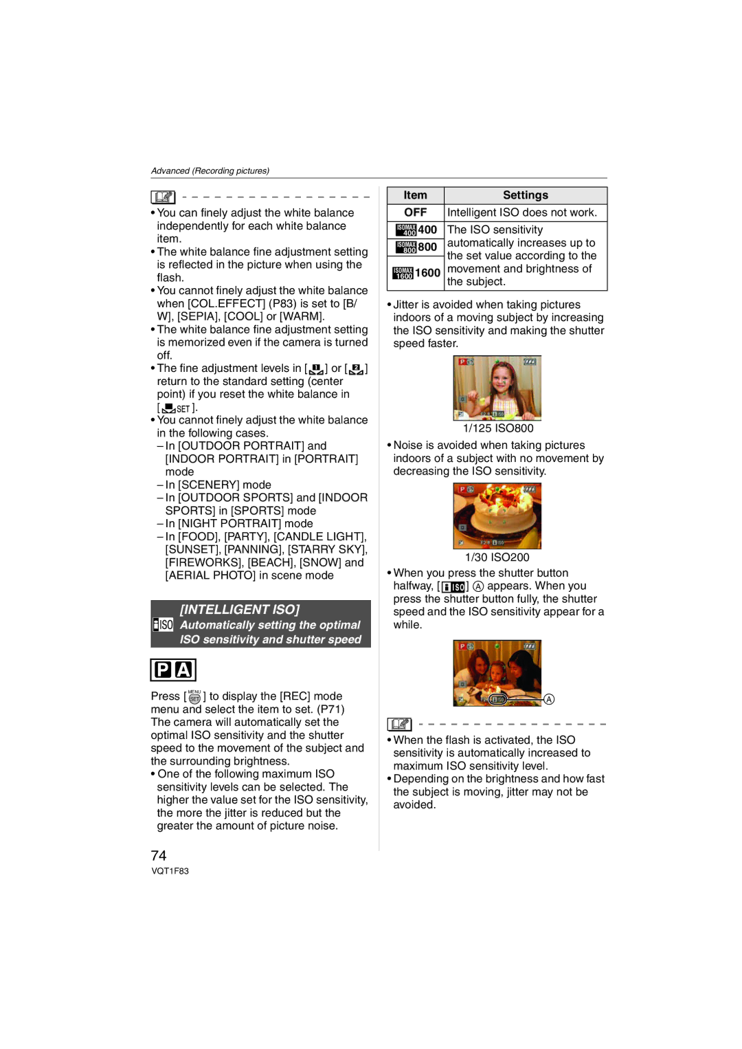 Panasonic DMCFZ18K operating instructions Intelligent ISO, Settings, 400, 800, 1600 