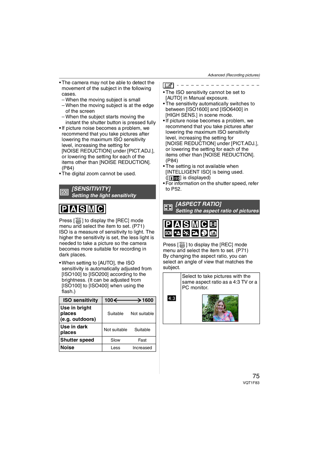 Panasonic DMCFZ18K Sensitivity, Aspect Ratio, Setting the light sensitivity, Setting the aspect ratio of pictures 