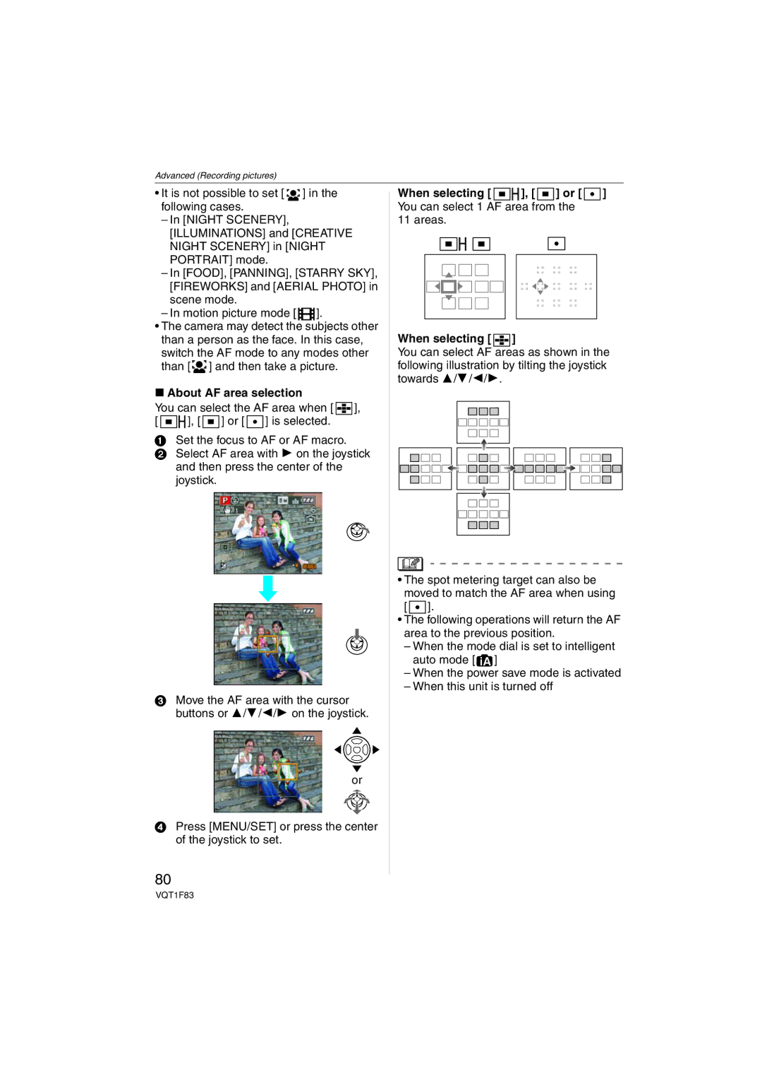 Panasonic DMCFZ18K operating instructions About AF area selection, When selecting , or You can select 1 AF area from, Areas 