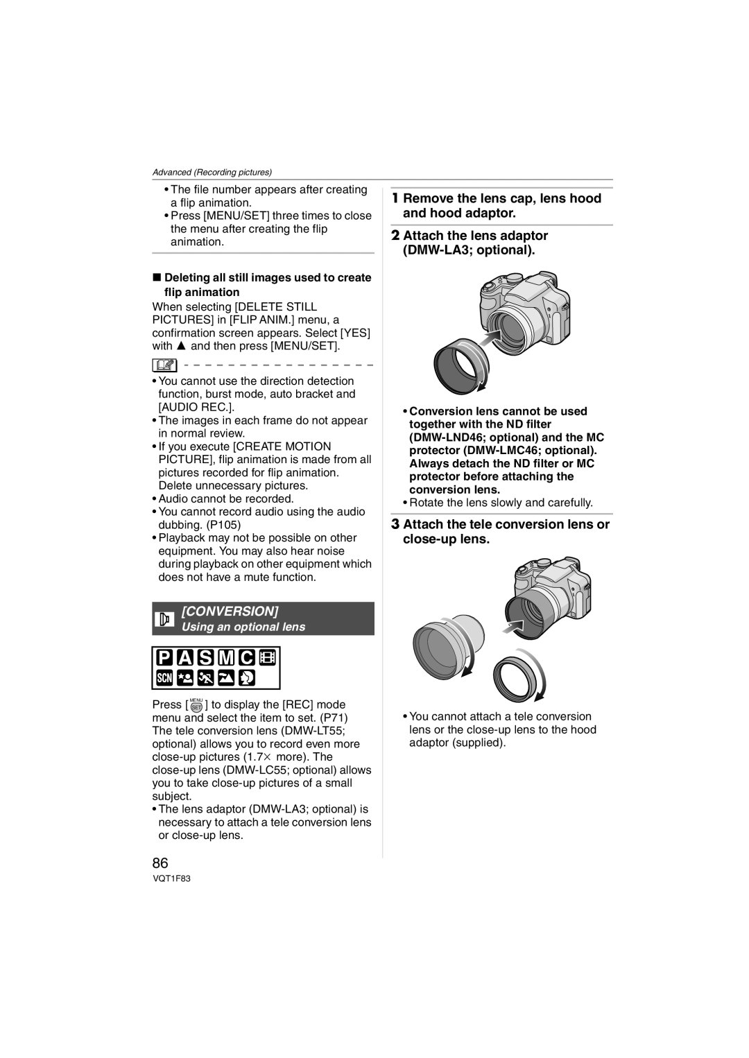 Panasonic DMCFZ18K Conversion, Attach the tele conversion lens or close-up lens, Using an optional lens 