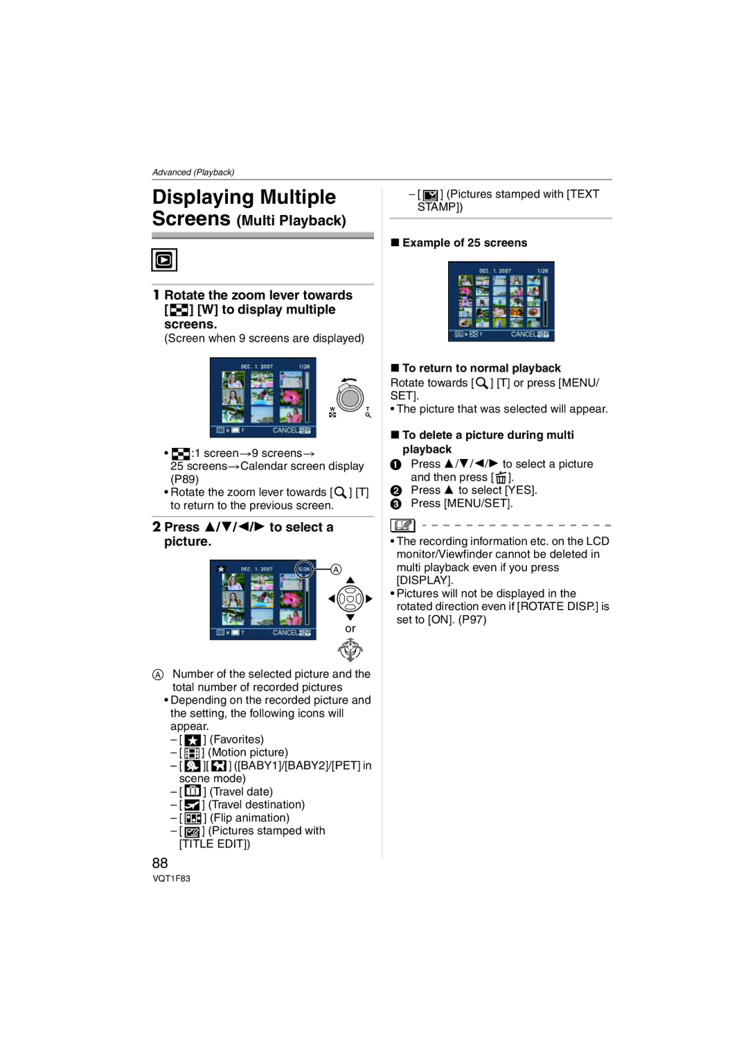 Panasonic DMCFZ18K operating instructions Displaying Multiple, Rotate the zoom lever towards W to display multiple screens 