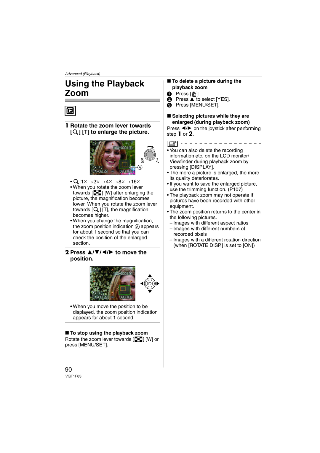 Panasonic DMCFZ18K operating instructions Using the Playback Zoom, Rotate the zoom lever towards T to enlarge the picture 