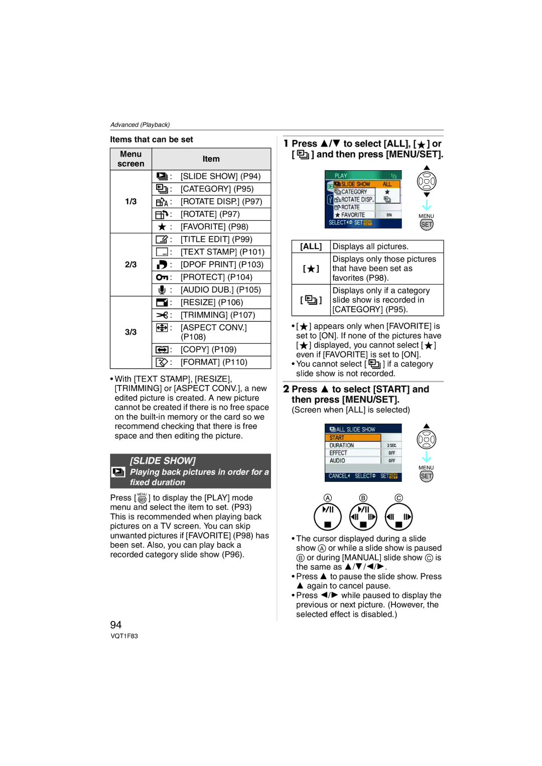 Panasonic DMCFZ18K operating instructions Slide Show, Press 3/4 to select ALL, or and then press MENU/SET 