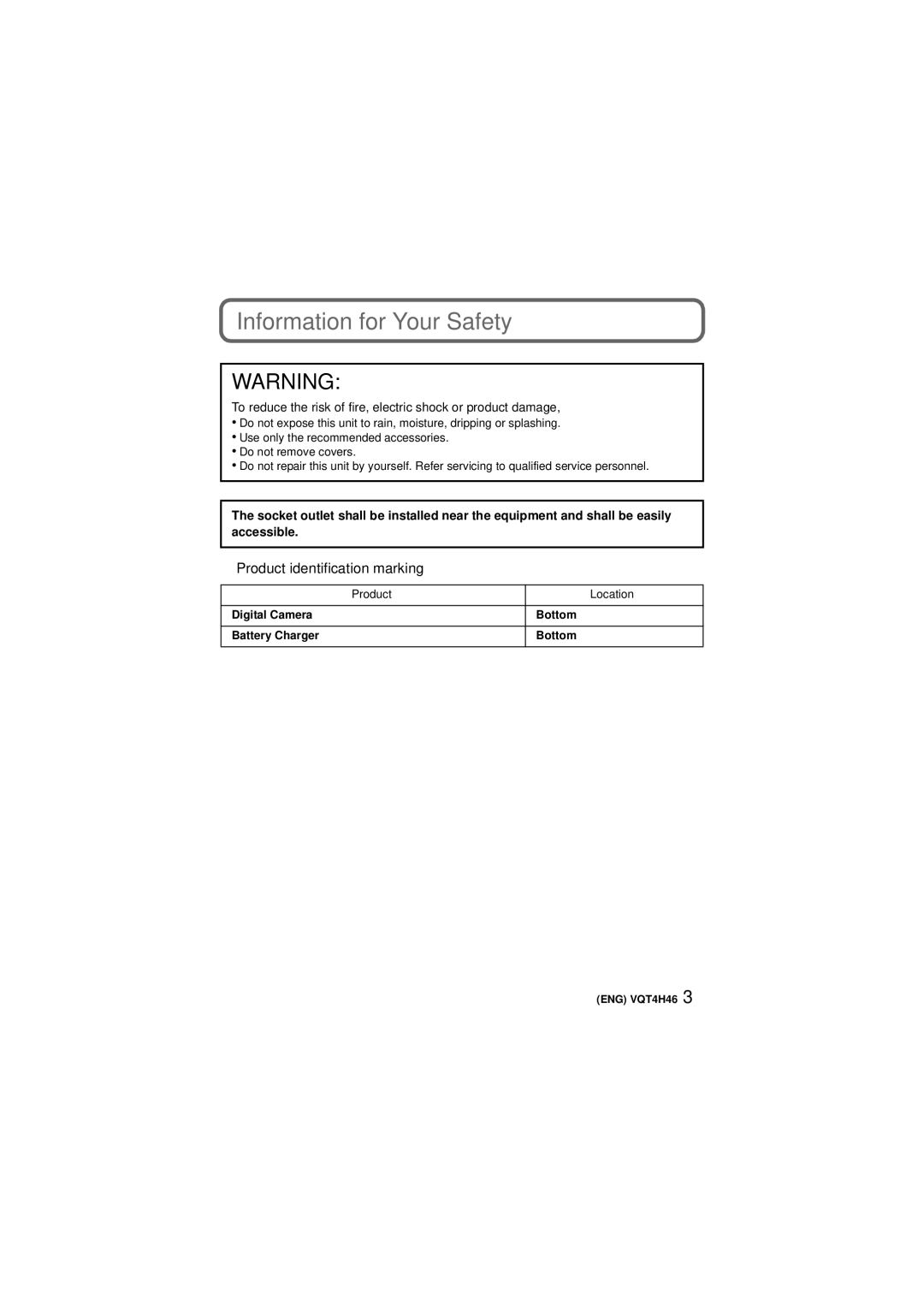 Panasonic DMCFZ200K owner manual Information for Your Safety, Product identification marking, Product Location 