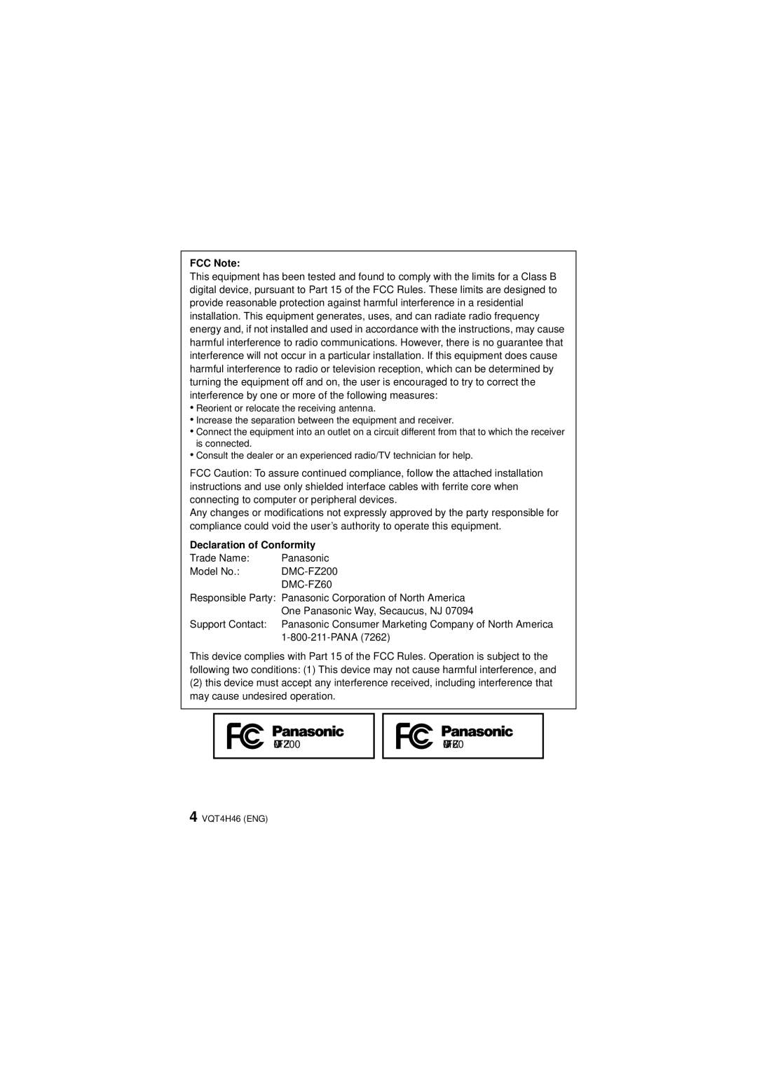 Panasonic DMCFZ200K owner manual FCC Note, Declaration of Conformity 