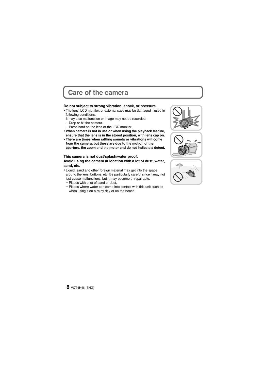 Panasonic DMCFZ200K owner manual Care of the camera, Do not subject to strong vibration, shock, or pressure 