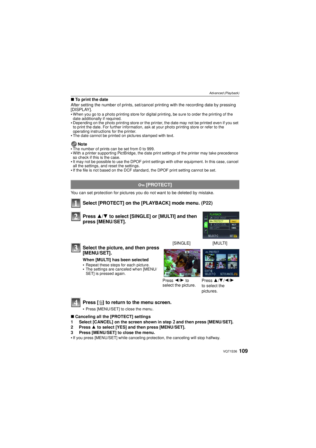 Panasonic DMC FZ 28, DMCFZ28K operating instructions Protect, To print the date, When Multi has been selected 