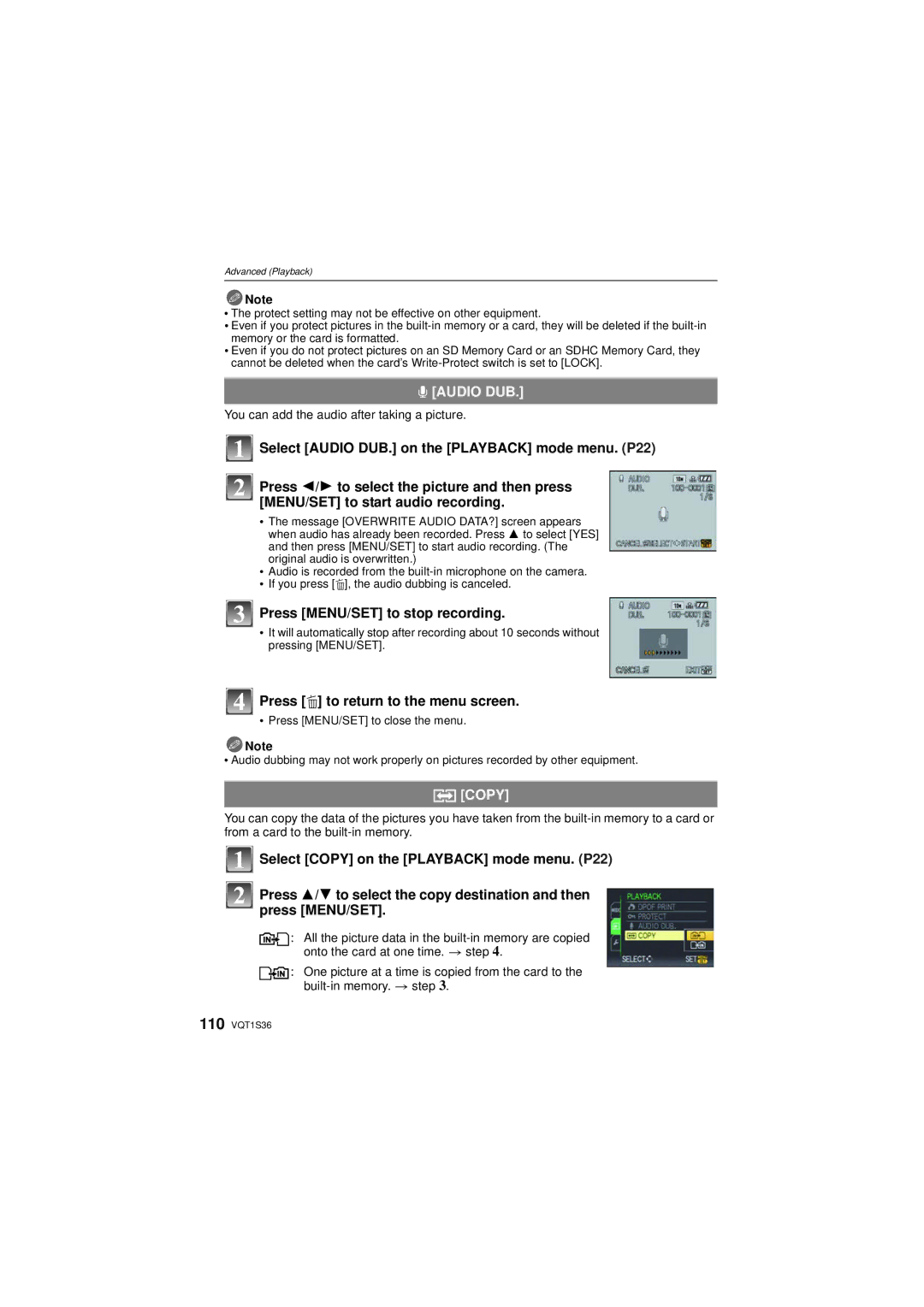 Panasonic DMCFZ28K Audio DUB, Press MENU/SET to stop recording, Copy, You can add the audio after taking a picture 