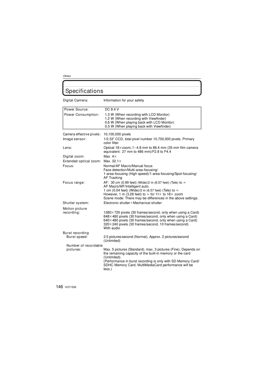 Panasonic DMCFZ28K, DMC FZ 28 operating instructions Specifications 