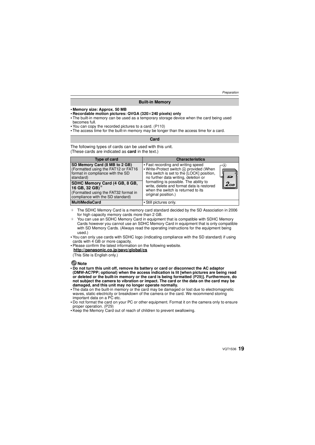 Panasonic DMC FZ 28, DMCFZ28K operating instructions Built-in Memory, Sdhc Memory Card 4 GB, 8 GB, 16 GB, 32 GB ¢ 