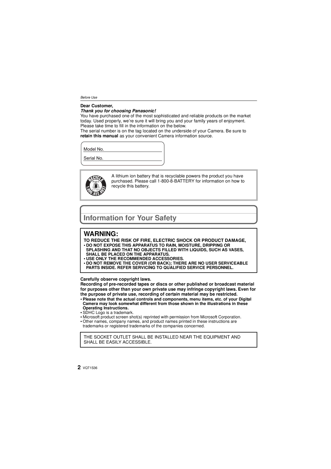 Panasonic DMCFZ28K, DMC FZ 28 operating instructions Dear Customer, Carefully observe copyright laws 