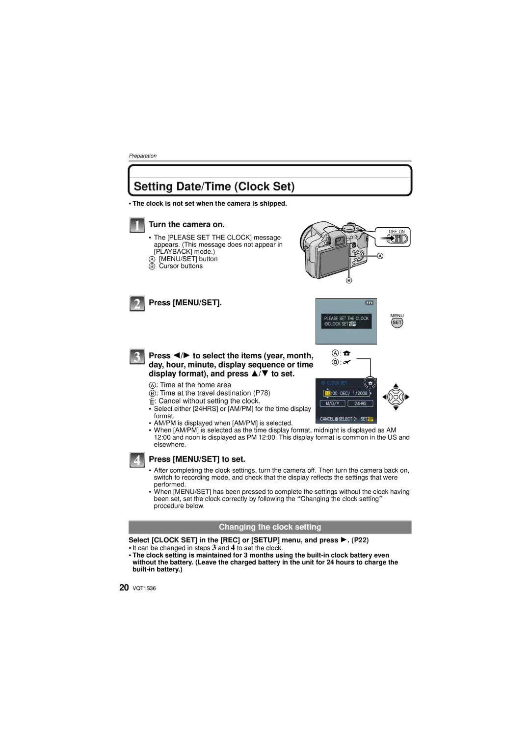 Panasonic DMCFZ28K Setting Date/Time Clock Set, Turn the camera on, Press MENU/SET to set, Changing the clock setting 