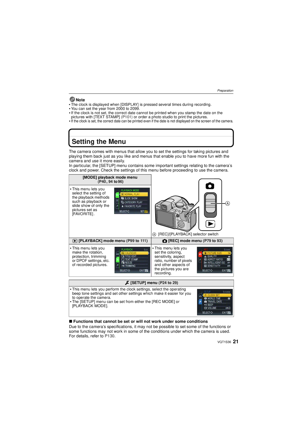 Panasonic DMC FZ 28, DMCFZ28K Setting the Menu, Mode playback mode menu P40, 94 to96, REC/PLAYBACK selector switch 