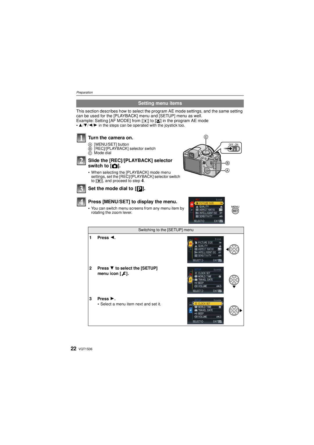 Panasonic DMCFZ28K, DMC FZ 28 operating instructions Setting menu items, Slide the REC/PLAYBACK selector switch to 