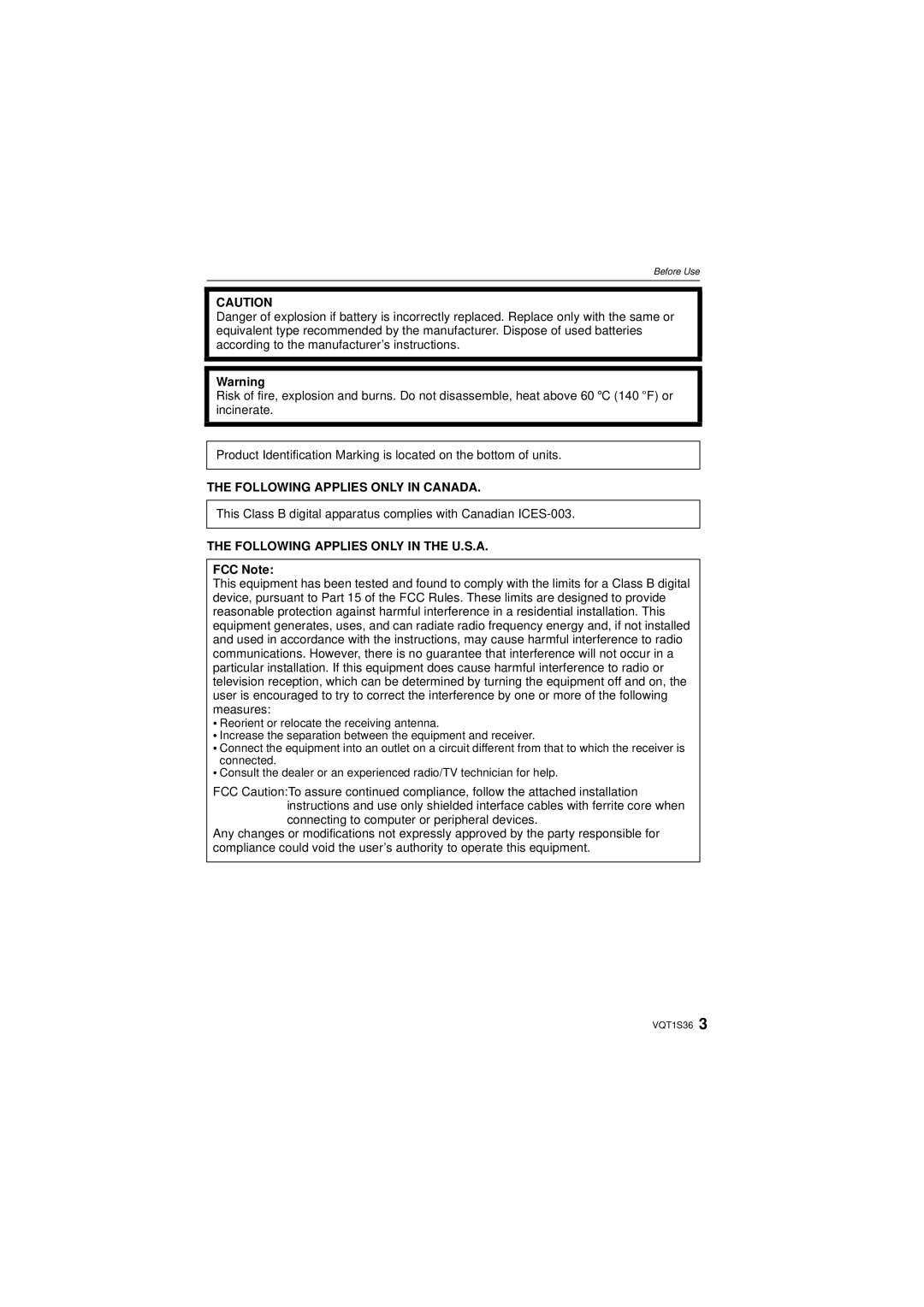 Panasonic DMC FZ 28, DMCFZ28K Following Applies only in Canada, Following Applies only in the U.S.A, FCC Note 