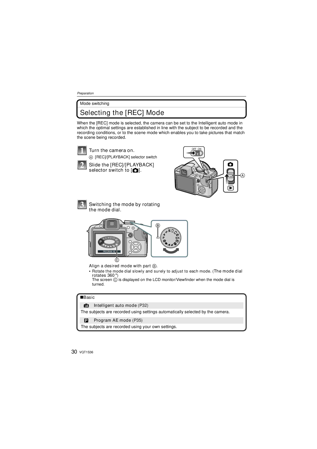 Panasonic DMCFZ28K, DMC FZ 28 Selecting the REC Mode, Align a desired mode with part B, Basic Intelligent auto mode P32 