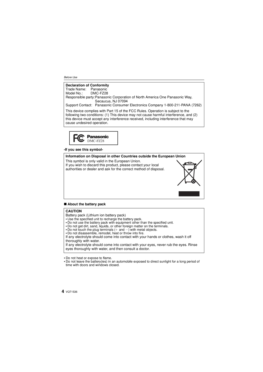 Panasonic DMCFZ28K Declaration of Conformity, This symbol is only valid in the European Union, About the battery pack 